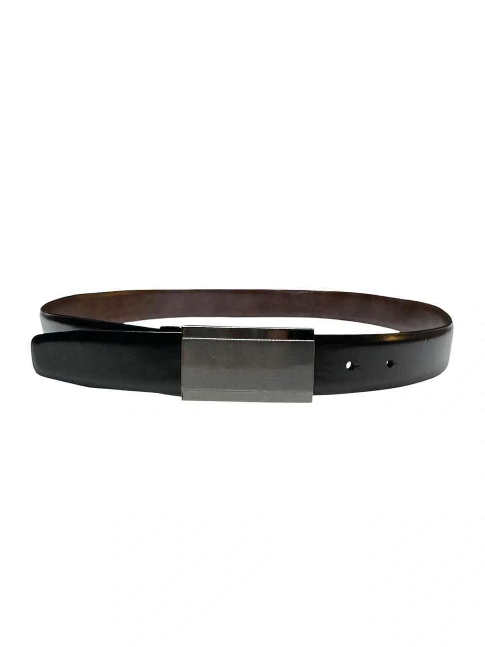 Mens Leather Belt Brown Size 38 1.5” Wide Silver Buckle Quiet Luxury Black‎